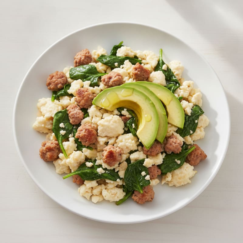Egg White Scramble with Turkey Sausage and Sautéed Spinach
