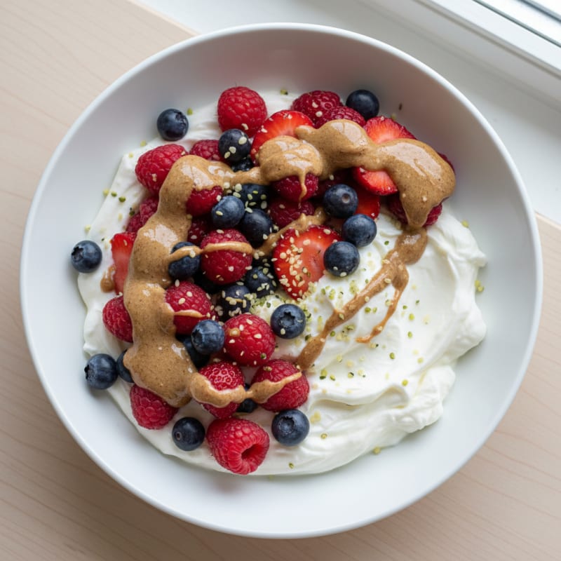 Protein Greek Yogurt Bowl with Almond Butter and Mixed Berries