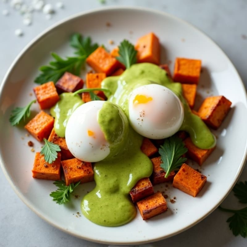 Poached Eggs with Roasted Sweet Potato and Creamy Avocado Sauce