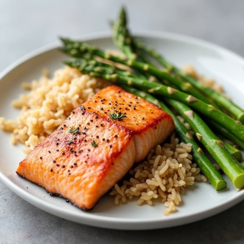 Seared Salmon with Steamed Asparagus and Brown Rice