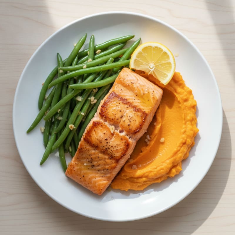Seared Salmon with Garlic Green Beans and Sweet Potato Mash