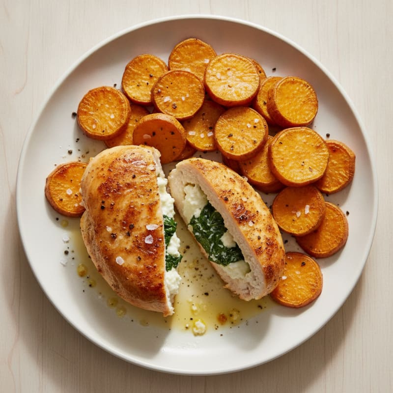 Spinach-Cheese Stuffed Chicken with Roasted Sweet Potatoes