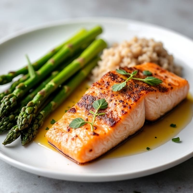 Seared Salmon Fillet with Steamed Asparagus and Brown Rice