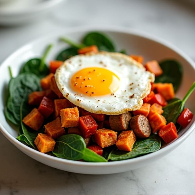 Crispy Sweet Potato and Turkey Sausage Hash with Baked Eggs and Sautéed Greens