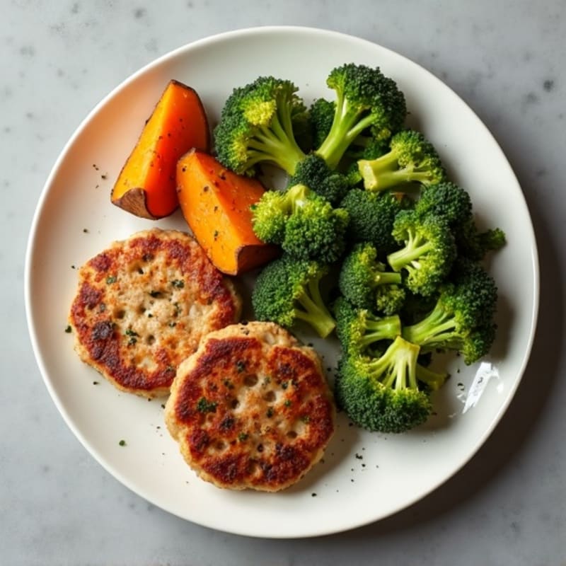 Seared Turkey Patties with Roasted Broccoli and Sweet Potato