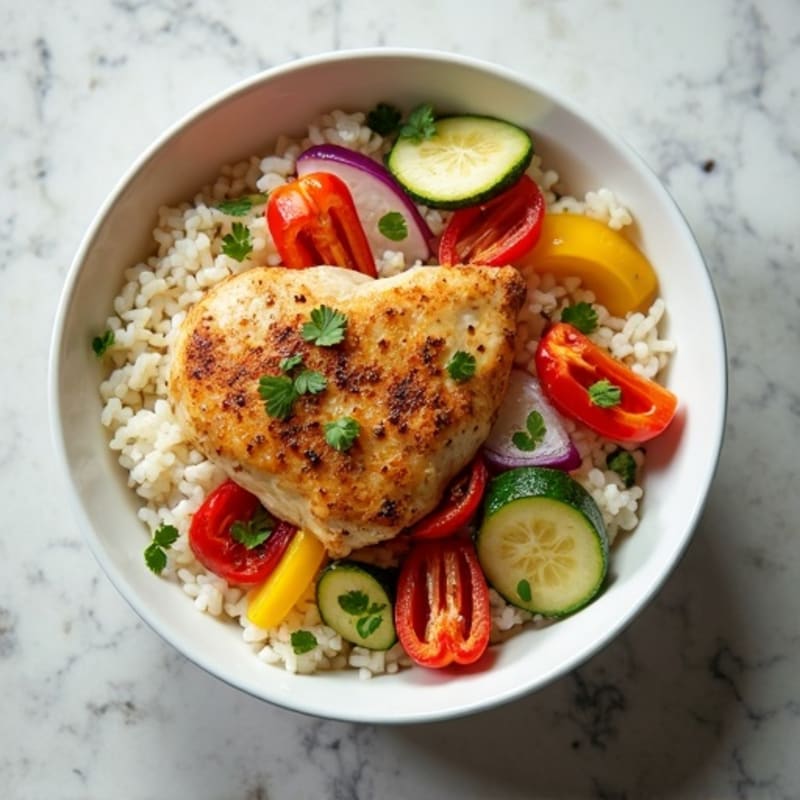 Lemon-Garlic Roasted Chicken and Roasted Vegetable Rice Bowl