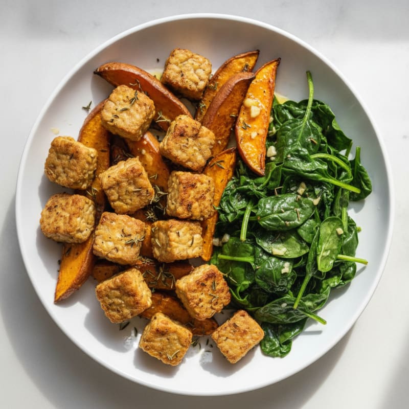Herb-Roasted Tempeh with Garlic Spinach and Roasted Sweet Potato