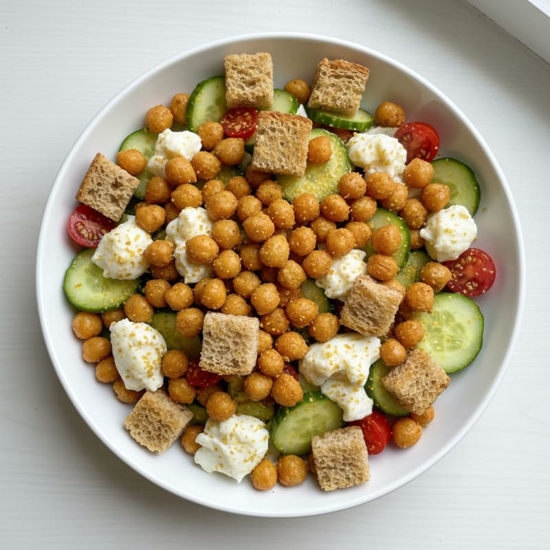 Crispy Chickpea Salad with Cucumbers Tomatoes and Croutons