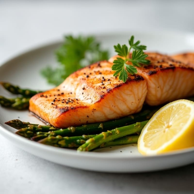 Seared Salmon Fillet with Roasted Asparagus and Lemon