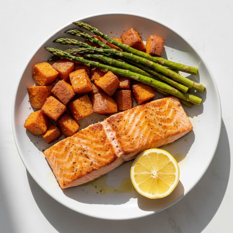 Seared Salmon with Roasted Sweet Potatoes and Asparagus