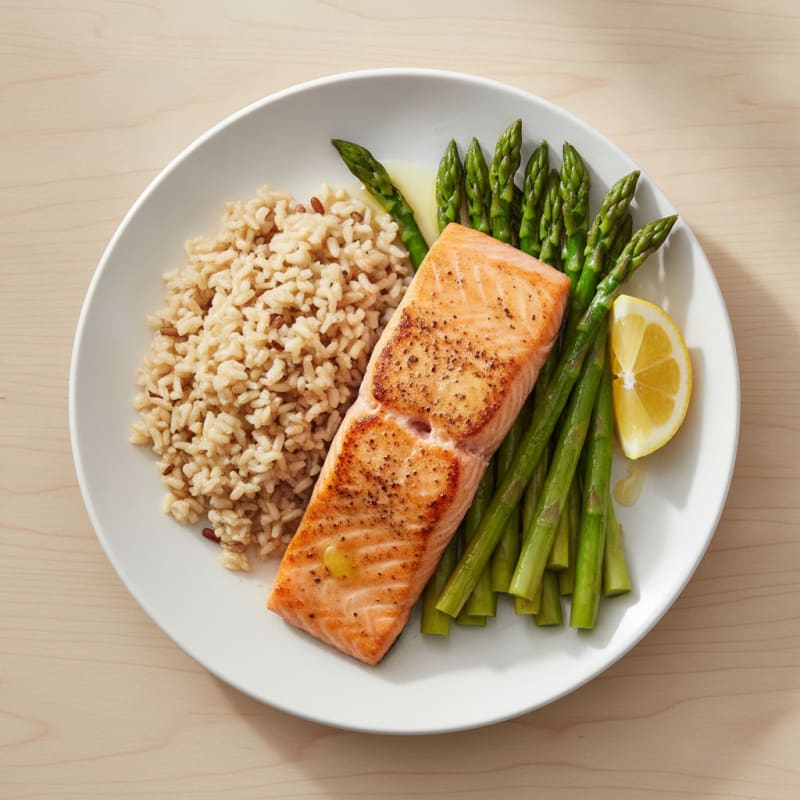 Seared Salmon Fillet with Steamed Asparagus and Brown Rice