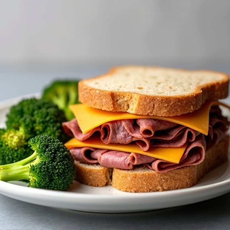 Lean Roast Beef and Sharp Cheddar Whole Wheat Sandwich with Crispy Roasted Broccoli