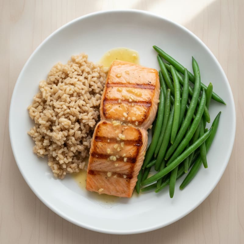 Grilled Salmon Fillet with Steamed Green Beans and Brown Rice