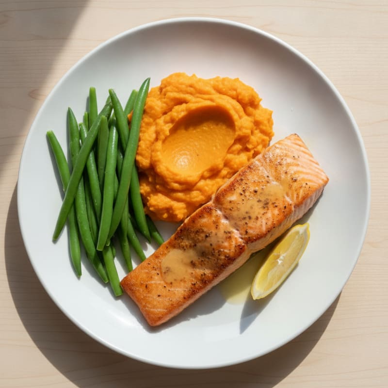Seared Salmon with Steamed Green Beans and Sweet Potato Mash