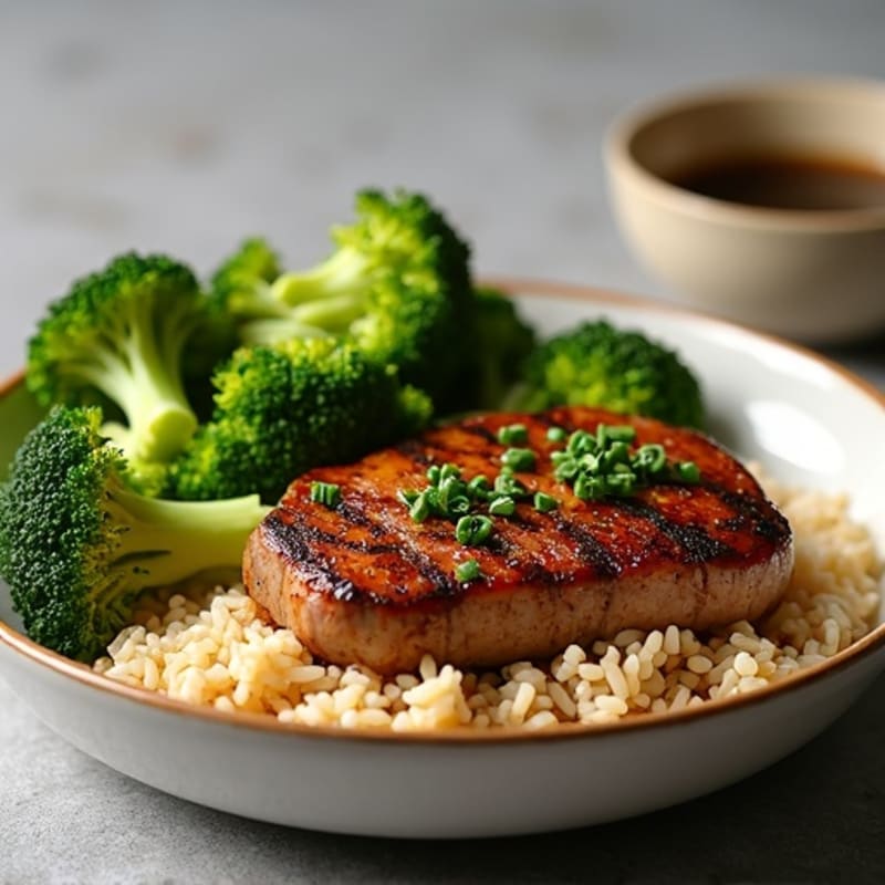 Garlic Ginger Pan-Seared Beef and Crispy Broccoli with Brown Rice