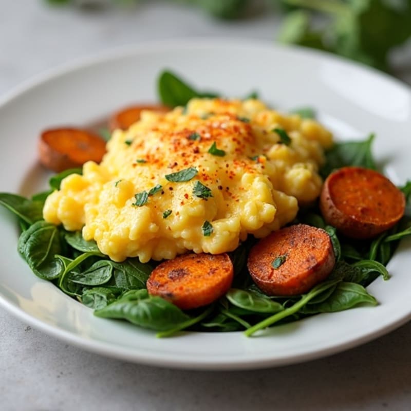Egg White and Turkey Sausage Scramble with Roasted Sweet Potatoes