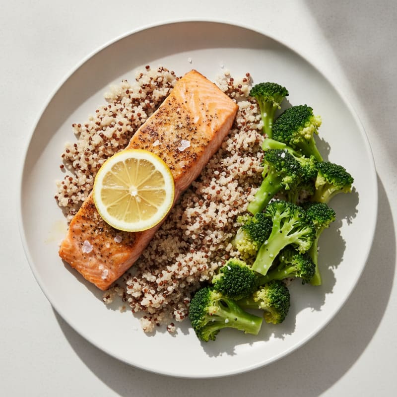 Baked Salmon Fillet with Steamed Broccoli and Quinoa