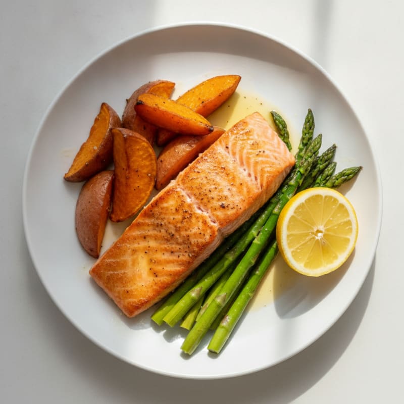 Seared Salmon Fillet with Roasted Sweet Potatoes and Asparagus
