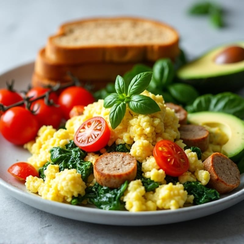Egg White Scramble with Chicken Sausage and Sautéed Spinach