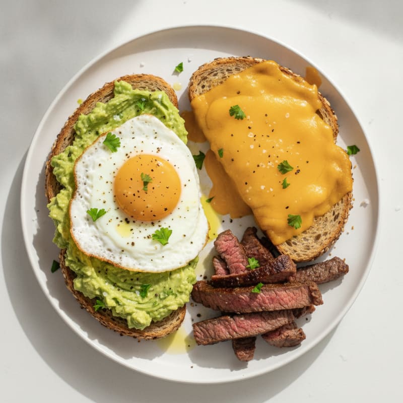 Cheesy Egg and Avocado Toast with Seared Beef Strips