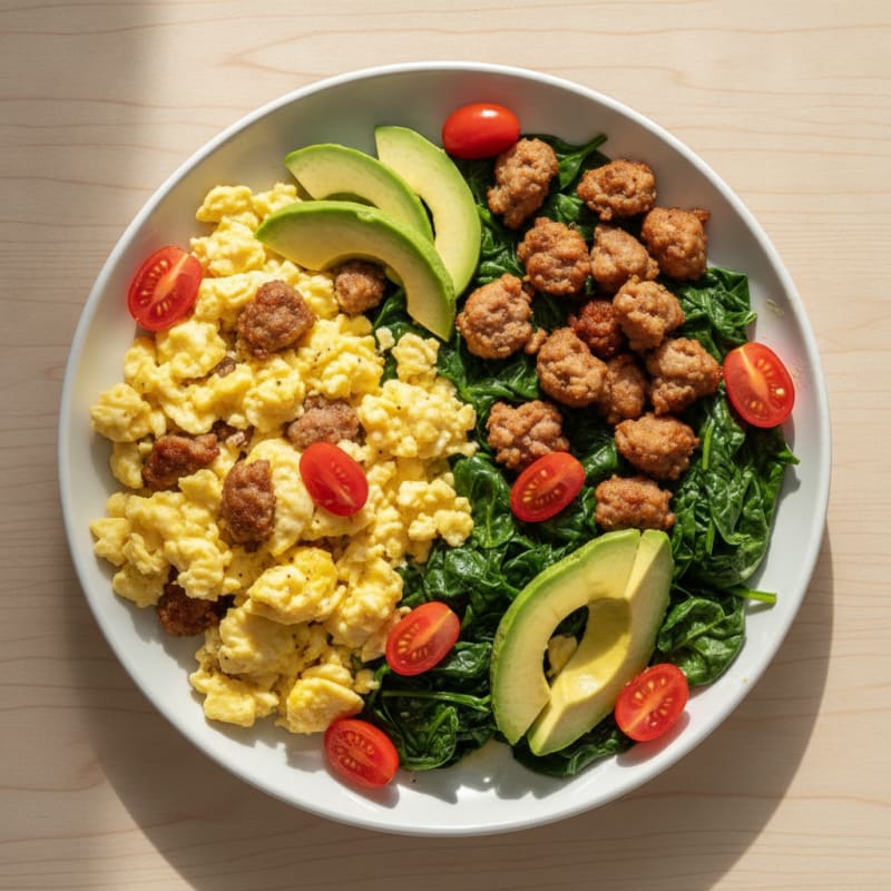 Creamy Scrambled Eggs with Turkey Sausage and Sautéed Spinach