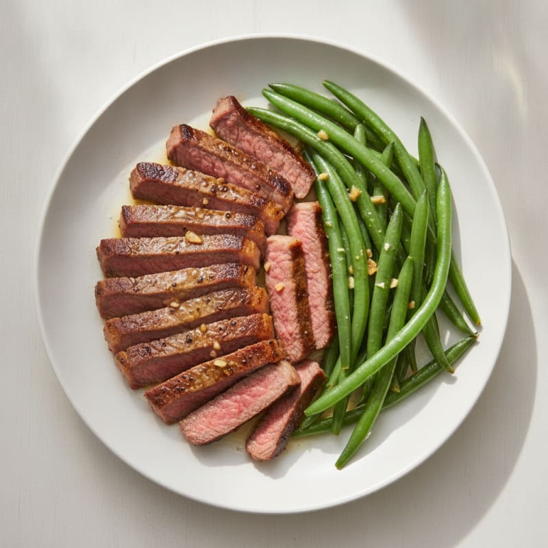 Seared Lean Beef Strips with Steamed Green Beans