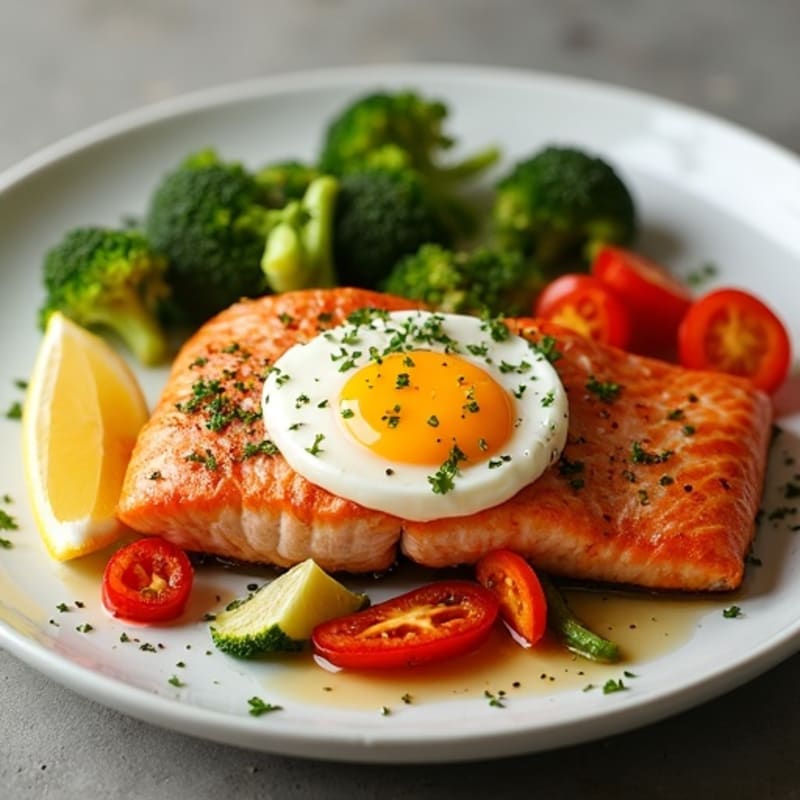 Crispy Salmon with Roasted Vegetables and Soft-Boiled Eggs