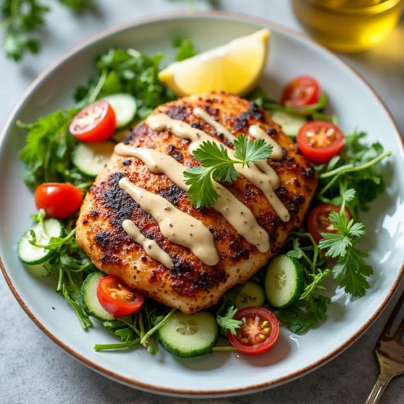 Pan-Seared Spiced Chicken with Fresh Herb Salad and Creamy Tahini Drizzle