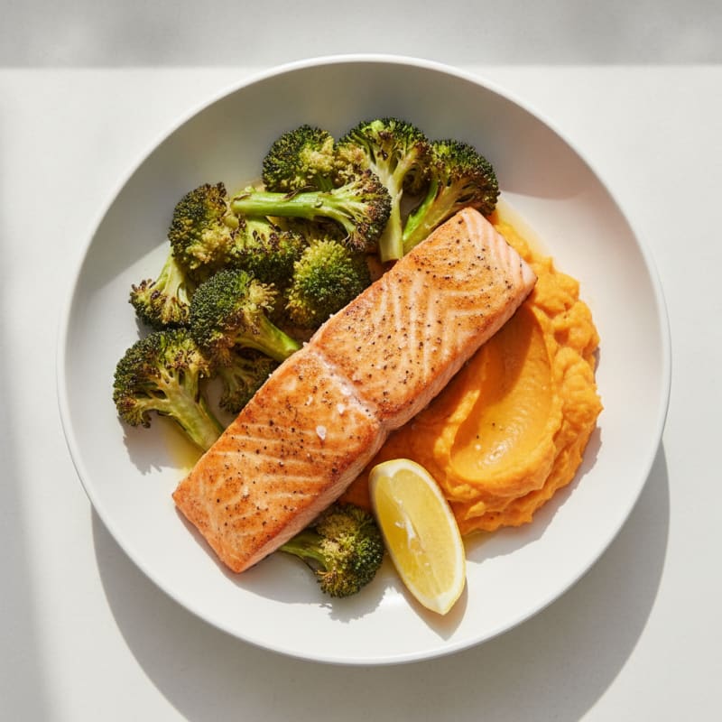 Seared Salmon Fillet with Roasted Broccoli and Sweet Potato Mash