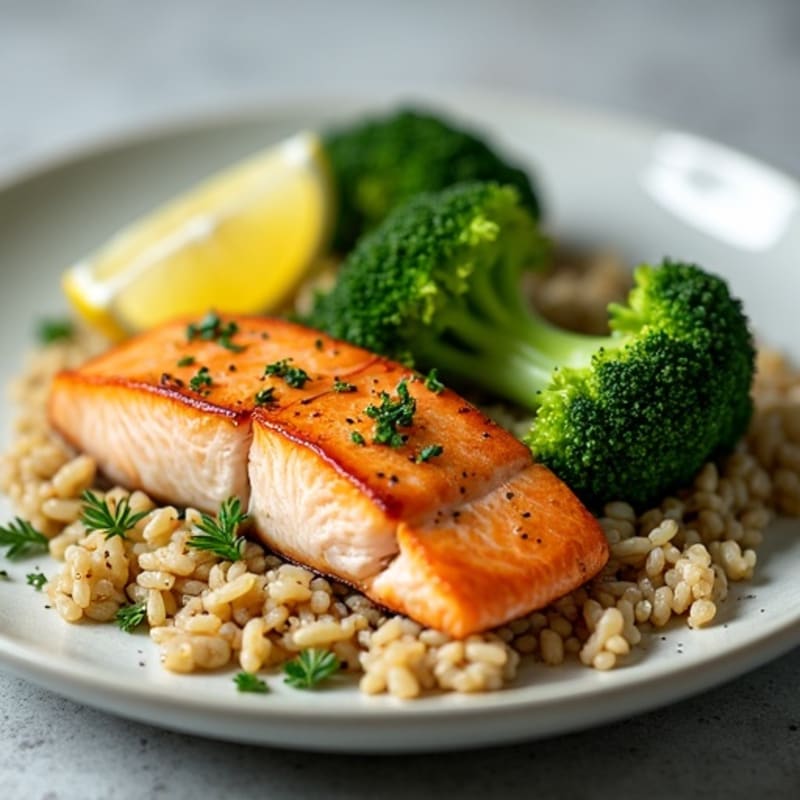 Seared Salmon with Steamed Broccoli and Lemon Herb Brown Rice