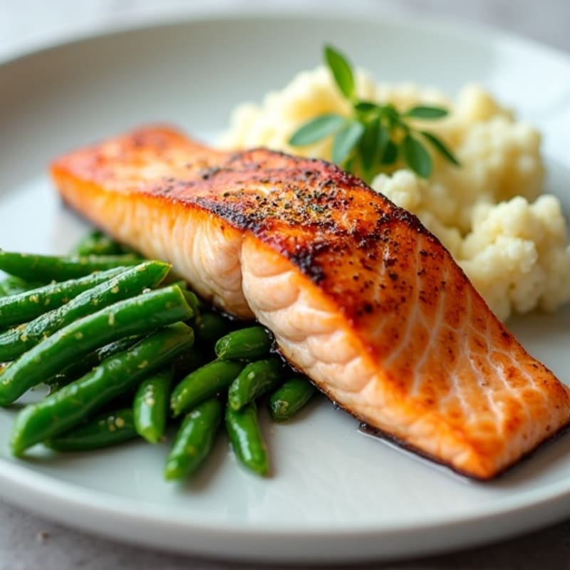 Seared Salmon Fillet with Steamed Green Beans and Garlic Mashed Cauliflower