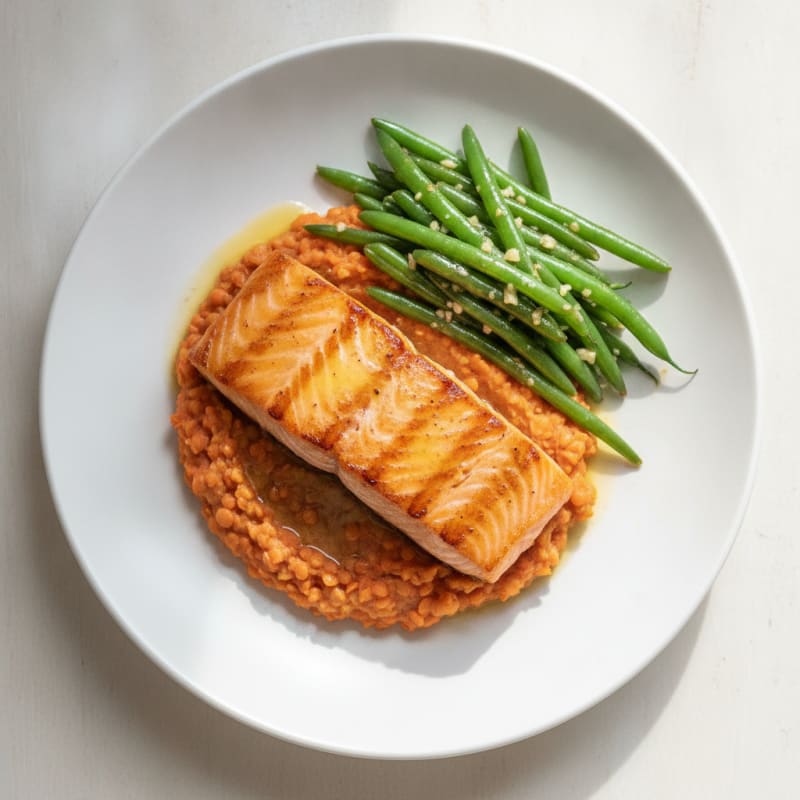 Pan-Seared Salmon with Garlic Green Beans and Lentil Mash