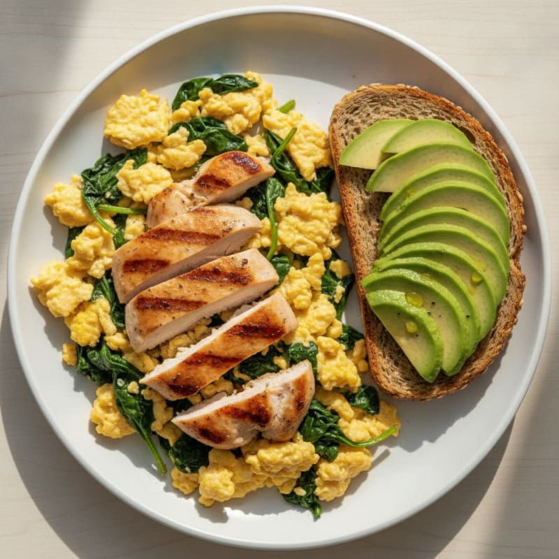 Scrambled Eggs with Chicken Breast and Spinach
