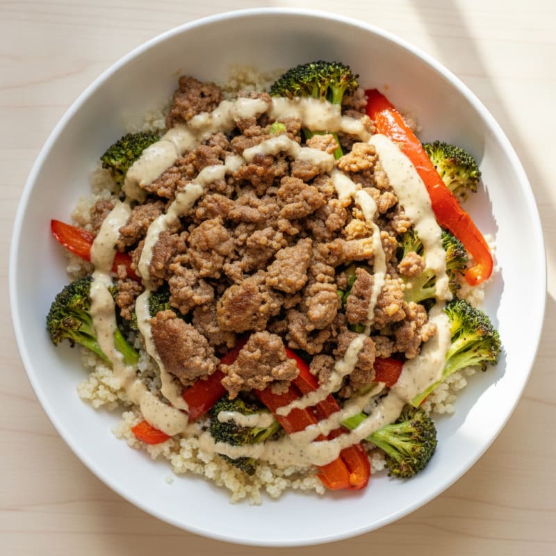 Lean Ground Beef and Roasted Vegetable Bowl with Garlic Herb Sauce