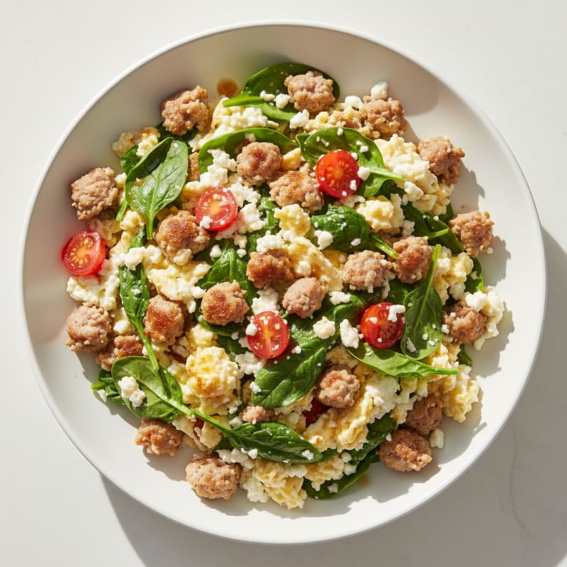 Egg White and Turkey Sausage Scramble with Cottage Cheese and Spinach