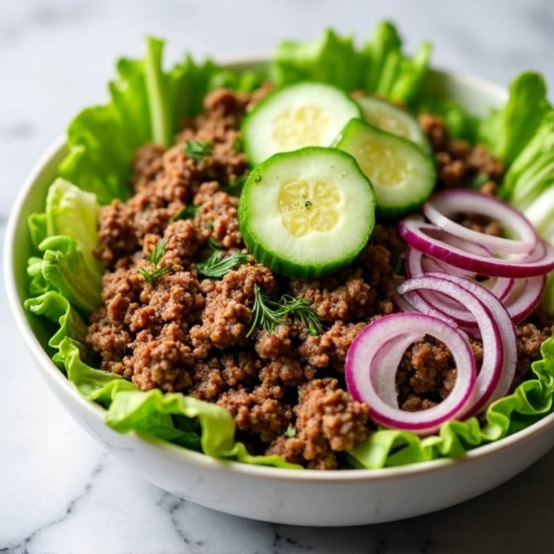 Crispy Lettuce and Lean Ground Beef Bowl with Tangy Dill Pickle Dressing