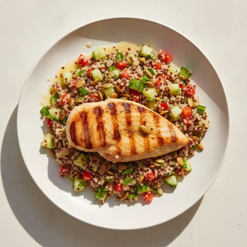Grilled Chicken Breast with Crunchy Quinoa Salad and Lemon Vinaigrette