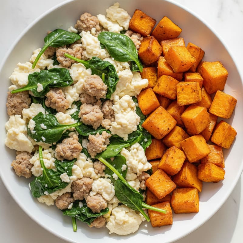 Egg White and Turkey Sausage Scramble with Spinach and Roasted Sweet Potato