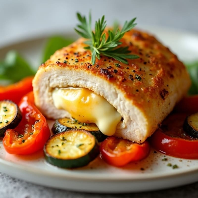 Molten Mozzarella Stuffed Chicken Breast with Roasted Vegetables