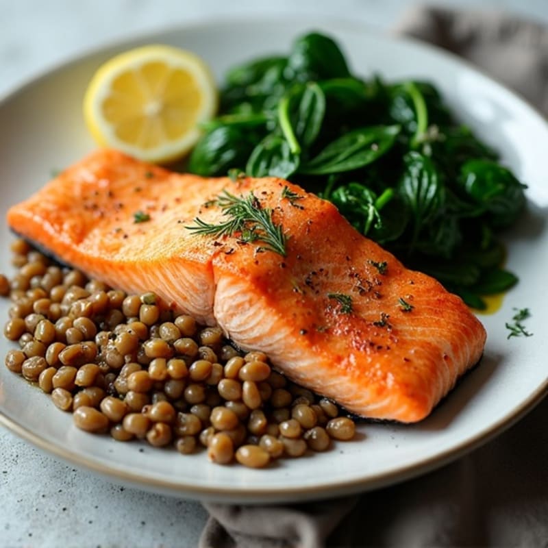 Seared Salmon Filet with Lentil Salad and Sautéed Spinach