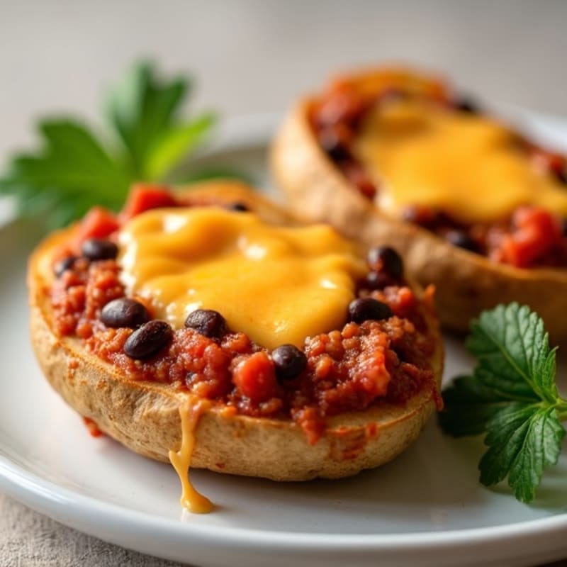 Crispy Baked Potato Skins with Hearty Lean Chili and Creamy Cheddar