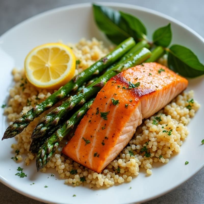 Seared Salmon with Roasted Asparagus and Lemon Zest Quinoa