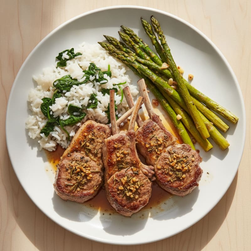 Herb-Seared Lamb Chops with Garlic Roasted Asparagus and Rice