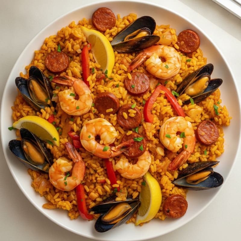 Saffron Seafood Paella with Chorizo