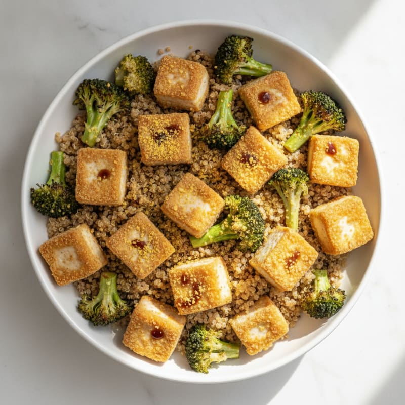 Crispy Tofu Power Bowl with Quinoa and Roasted Broccoli