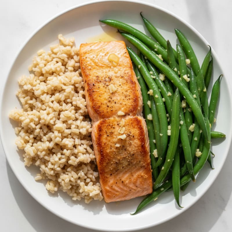 Seared Salmon with Garlic Green Beans and Brown Rice