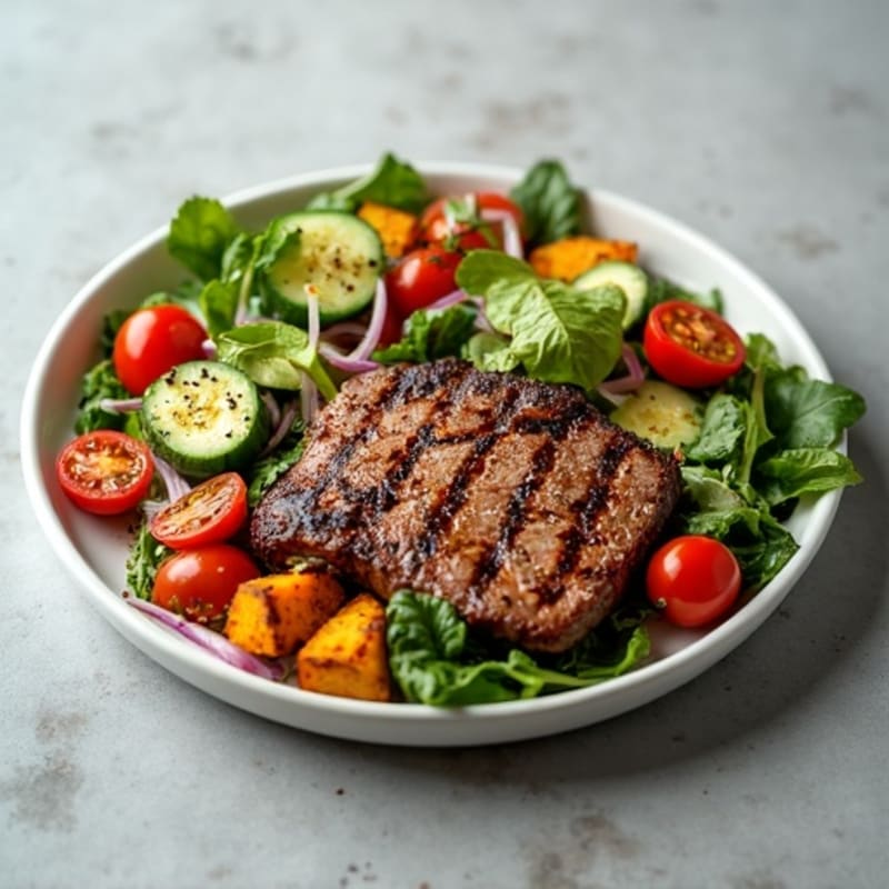 Grilled Steak Salad with Roasted Sweet Potatoes and Mixed Greens