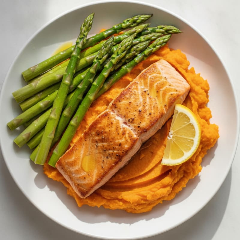 Seared Salmon with Steamed Asparagus and Sweet Potato Mash