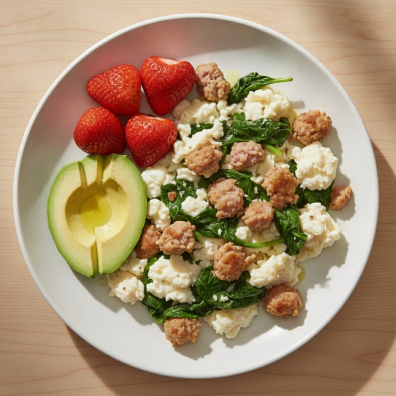 Scrambled Egg Whites with Turkey Sausage and Sautéed Spinach