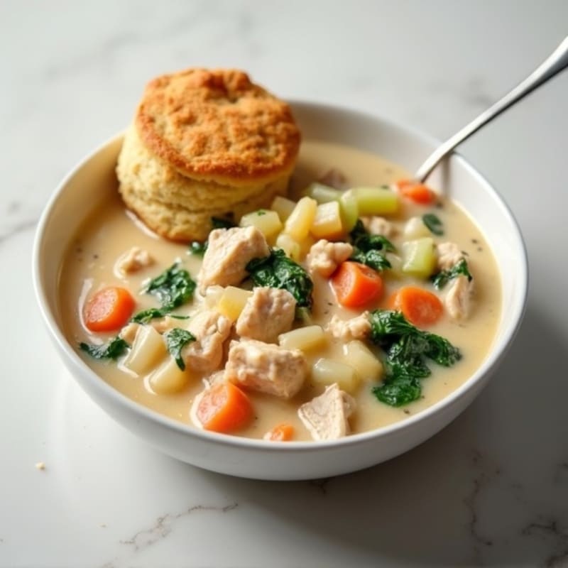 Creamy Chicken and Vegetable Stew with Fluffy Biscuits